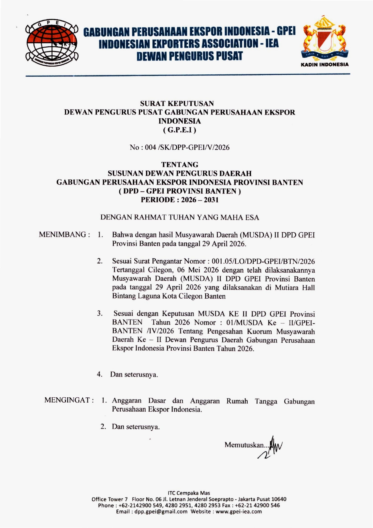 SK Pengurus GPEI Provinsi Banten Tahun 2026 - 2031